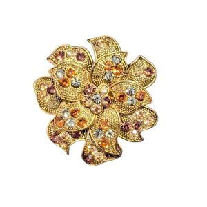 Vintage‎ Brooch Pin AB Rhinestone Floral Leaf Gold Round Liz Claiborne Statement